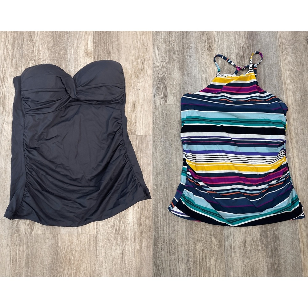 Anne Cole Tankini Swim‎ Top Bundle Black Bandeau & Striped High Neck Size Medium